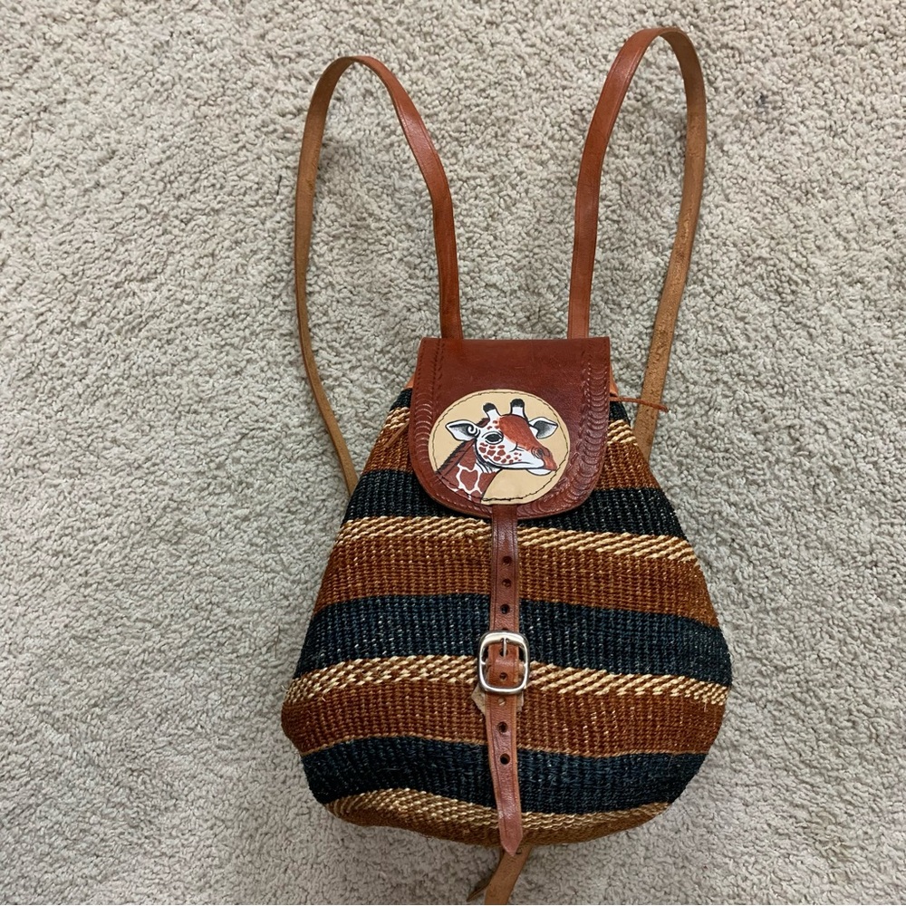 AFRICAN Woven HEMP Brown Blue Ivory GIRAFFE Ethnic BOHO BAG Day Pack BACKPACK